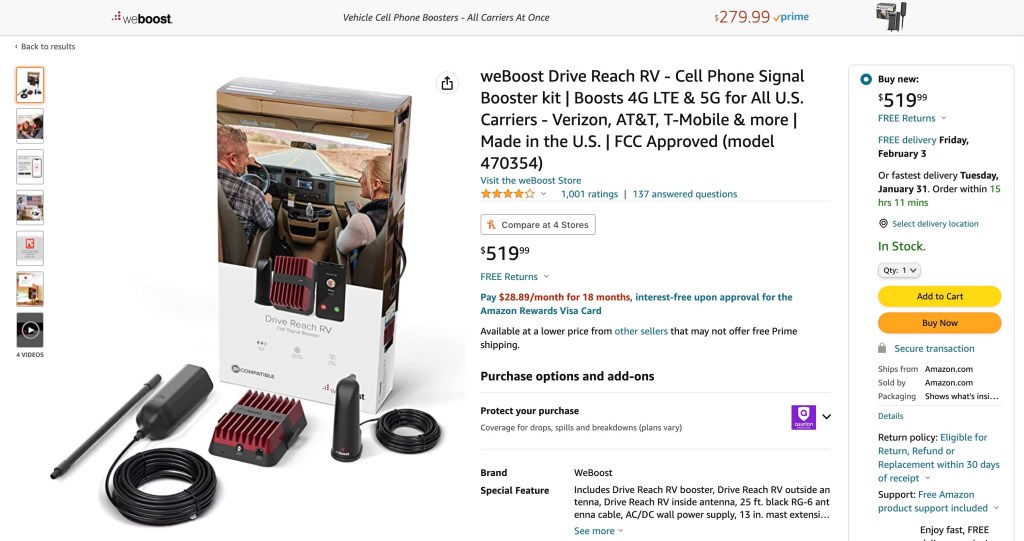 WeBoost RV cell phone booster kit with antenna.