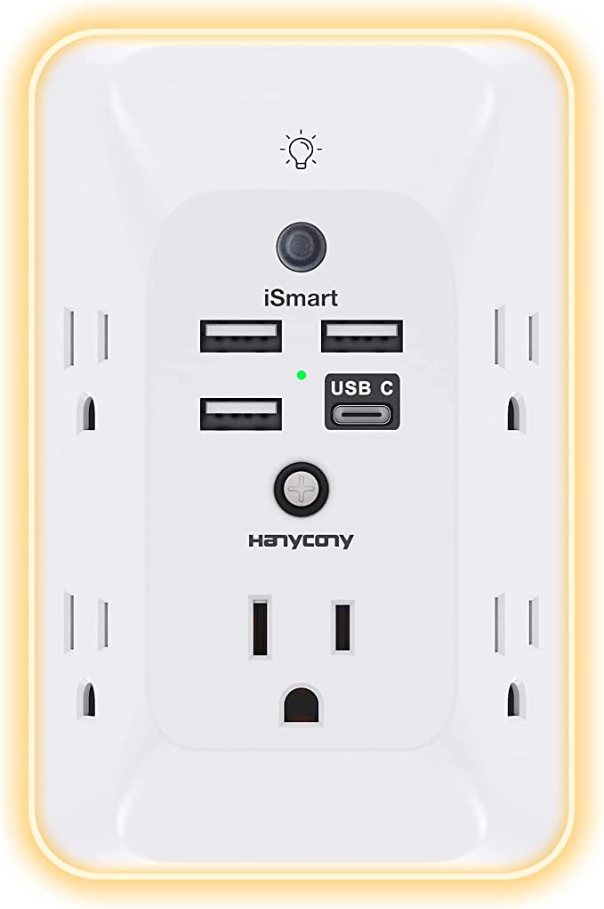 An outlet extender with five traditional house plugs, 3 USB plugs, a USB type-C plug, and a light.